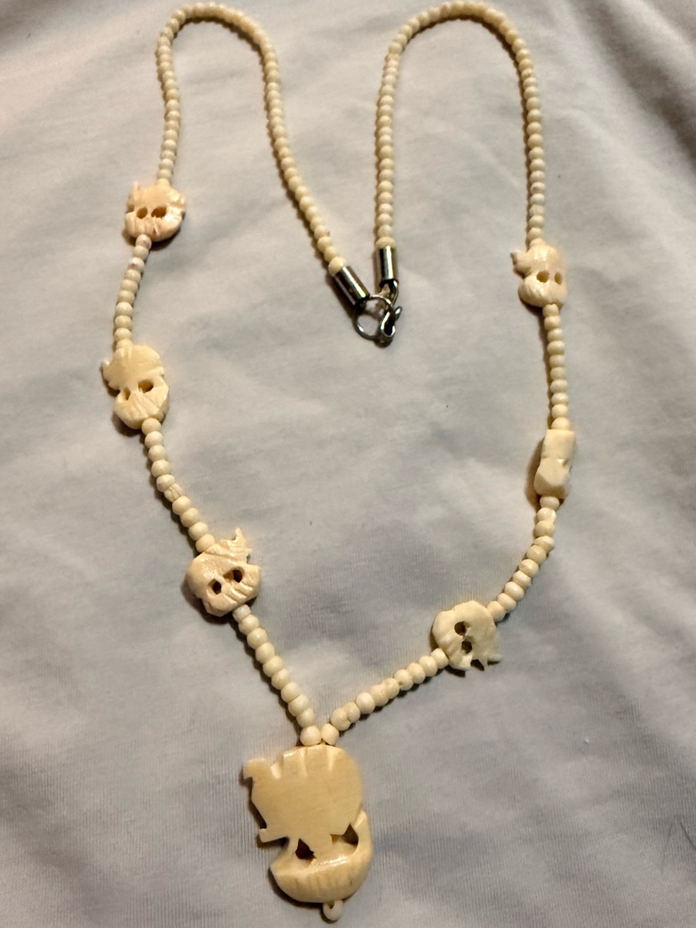 Antique Carved Elephant Beaded Necklace, Vintage, Hook Closure